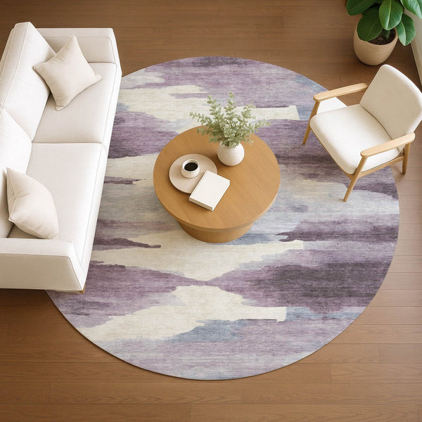 HomeRoots 8' Plum and Ivory Abstract Round Indoor Outdoor Area Rug - Stylish, Durable, Easy-Care Design for All Spaces 640794