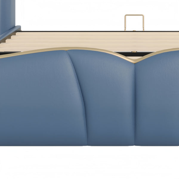 English Elm Christopher Knight Home® - Queen Plush Leather Upholstered Bed Frame with Wingback Headboard, Wavy Footboard, Quiet Support Antique Blue 85.2 L x 9.8 W x 3.25 H N761S0000016C