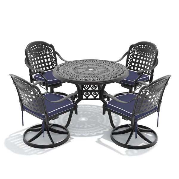 English Elm 5-piece Cast Aluminum Outdoor Dining Set with Swivel Chairs and Round Patio Table W1710S00342