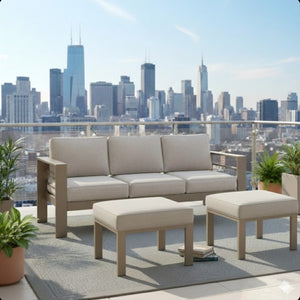 English Elm Set of 2 Outdoor Square Iron Ottomans with Thick Olefin Cushions for Patio Lounge Light Khaki+Beige B082P455118