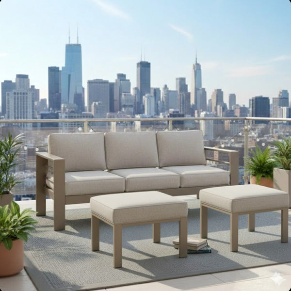 English Elm Set of 2 Outdoor Square Iron Ottomans with Thick Olefin Cushions for Patio Lounge Light Khaki+Beige B082P455118