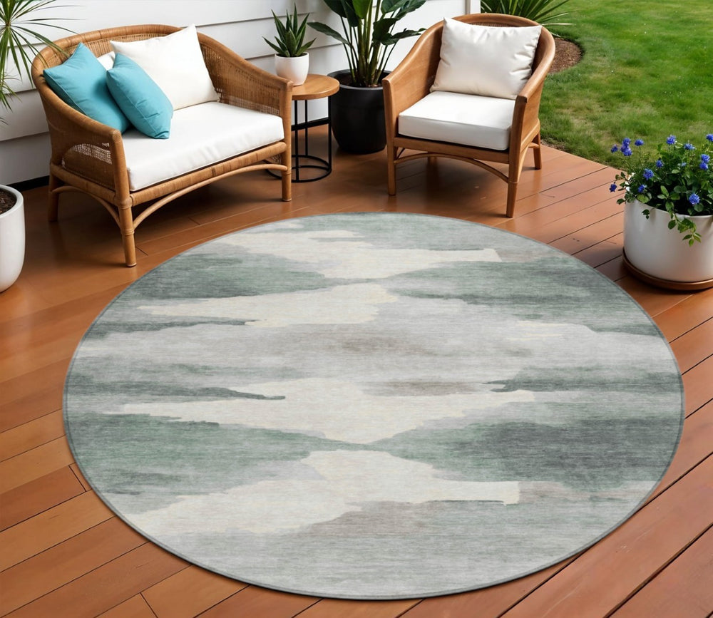 HomeRoots 8' Sage and Ivory Round Abstract Rug - Stylish, Washable, Durable for Indoor & Outdoor Spaces 640800