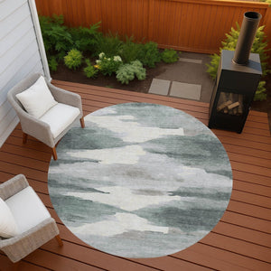 HomeRoots 8' Sage and Ivory Round Abstract Rug - Stylish, Washable, Durable for Indoor & Outdoor Spaces 640800