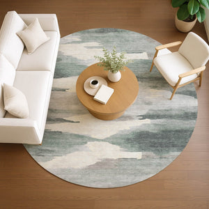 HomeRoots 8' Sage and Ivory Round Abstract Rug - Stylish, Washable, Durable for Indoor & Outdoor Spaces 640800