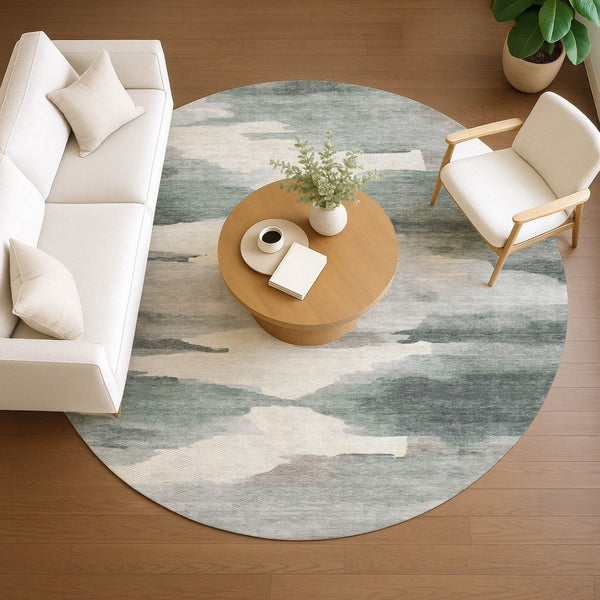 HomeRoots 8' Sage and Ivory Round Abstract Rug - Stylish, Washable, Durable for Indoor & Outdoor Spaces 640800