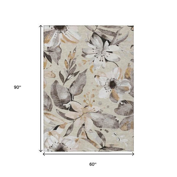 HomeRoots 5' X 8' Floral Indoor Outdoor Area Rug in Beige, Ivory & Gray – Durable, Washable & Versatile Decor 640805