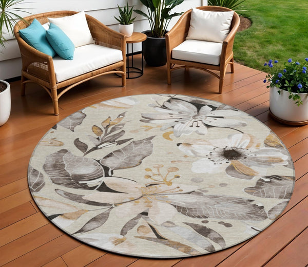 HomeRoots 8' Round Floral Area Rug in Beige, Ivory & Gray – Washable Indoor/Outdoor Comfort & Style! 640806