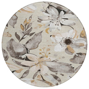 HomeRoots 8' Round Floral Area Rug in Beige, Ivory & Gray – Washable Indoor/Outdoor Comfort & Style! 640806