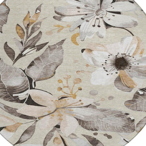 HomeRoots 8' Round Floral Area Rug in Beige, Ivory & Gray – Washable Indoor/Outdoor Comfort & Style! 640806