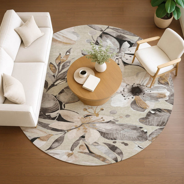 HomeRoots 8' Round Floral Area Rug in Beige, Ivory & Gray – Washable Indoor/Outdoor Comfort & Style! 640806