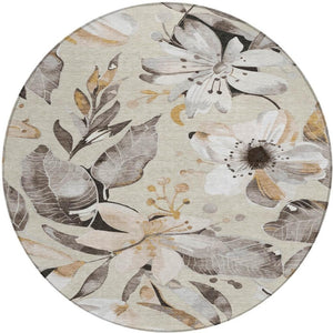 HomeRoots 8' Round Floral Area Rug in Beige, Ivory & Gray – Washable Indoor/Outdoor Comfort & Style! 640806