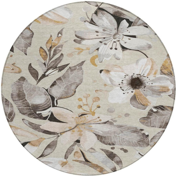 HomeRoots 8' Round Floral Area Rug in Beige, Ivory & Gray – Washable Indoor/Outdoor Comfort & Style! 640806