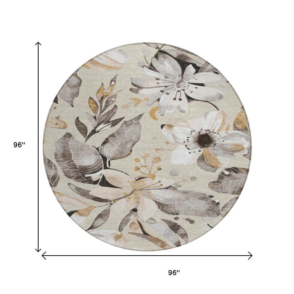 HomeRoots 8' Round Floral Area Rug in Beige, Ivory & Gray – Washable Indoor/Outdoor Comfort & Style! 640806