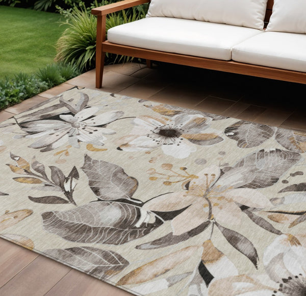 HomeRoots 10' Elegant Beige, Ivory & Gray Floral Washable Area Rug for Indoor/Outdoor Spaces, Easy Care 640809