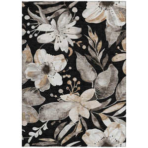 HomeRoots 5' Elegant Black Ivory and Gold Floral Washable Area Rug for Indoor and Outdoor Use, Durable Design 640811