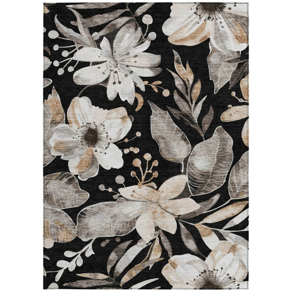 HomeRoots 5' Elegant Black Ivory and Gold Floral Washable Area Rug for Indoor and Outdoor Use, Durable Design 640811