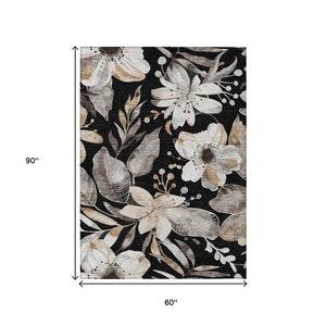 HomeRoots 5' Elegant Black Ivory and Gold Floral Washable Area Rug for Indoor and Outdoor Use, Durable Design 640811