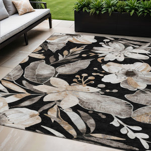 HomeRoots 5' Elegant Black Ivory and Gold Floral Washable Area Rug for Indoor and Outdoor Use, Durable Design 640811