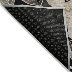 HomeRoots 5' Elegant Black Ivory and Gold Floral Washable Area Rug for Indoor and Outdoor Use, Durable Design 640811