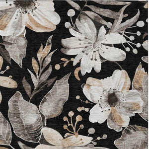 HomeRoots 5' Elegant Black Ivory and Gold Floral Washable Area Rug for Indoor and Outdoor Use, Durable Design 640811