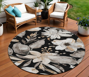 HomeRoots 8' Black Ivory and Gold Round Floral Washable Area Rug - Stylish, Durable for Indoor & Outdoor Use 640812
