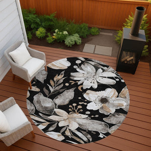 HomeRoots 8' Black Ivory and Gold Round Floral Washable Area Rug - Stylish, Durable for Indoor & Outdoor Use 640812