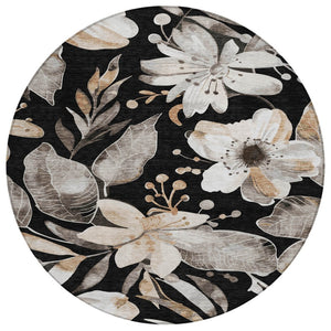 HomeRoots 8' Black Ivory and Gold Round Floral Washable Area Rug - Stylish, Durable for Indoor & Outdoor Use 640812