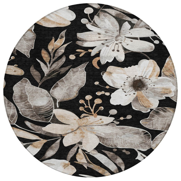 HomeRoots 8' Black Ivory and Gold Round Floral Washable Area Rug - Stylish, Durable for Indoor & Outdoor Use 640812