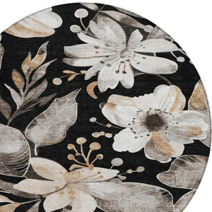 HomeRoots 8' Black Ivory and Gold Round Floral Washable Area Rug - Stylish, Durable for Indoor & Outdoor Use 640812