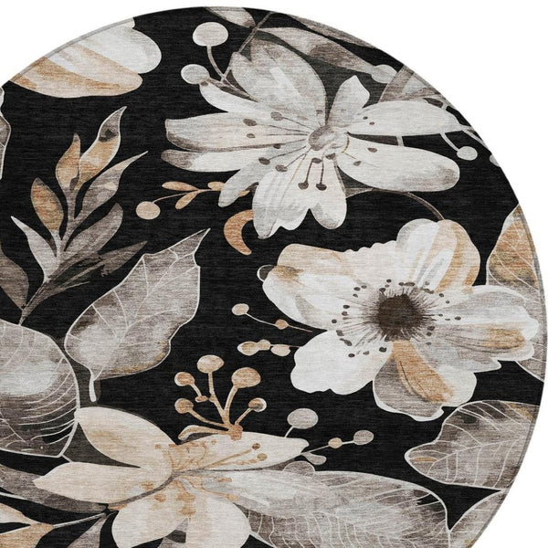 HomeRoots 8' Black Ivory and Gold Round Floral Washable Area Rug - Stylish, Durable for Indoor & Outdoor Use 640812
