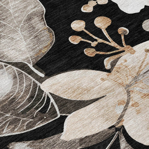 HomeRoots 8' Black Ivory and Gold Round Floral Washable Area Rug - Stylish, Durable for Indoor & Outdoor Use 640812