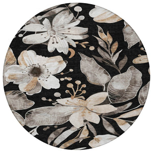 HomeRoots 8' Black Ivory and Gold Round Floral Washable Area Rug - Stylish, Durable for Indoor & Outdoor Use 640812