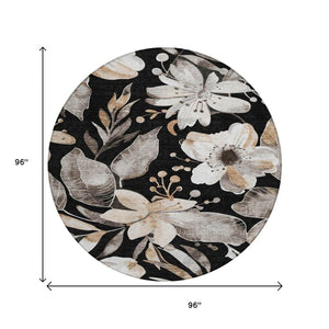 HomeRoots 8' Black Ivory and Gold Round Floral Washable Area Rug - Stylish, Durable for Indoor & Outdoor Use 640812