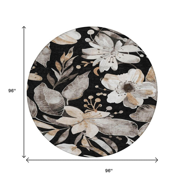 HomeRoots 8' Black Ivory and Gold Round Floral Washable Area Rug - Stylish, Durable for Indoor & Outdoor Use 640812