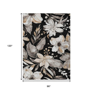 HomeRoots 8' X 10' Washable Black, Ivory & Gold Floral Area Rug - Perfect for Indoor/Outdoor Elegance & Durability 640813