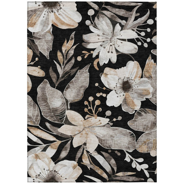 HomeRoots 8' X 10' Washable Black, Ivory & Gold Floral Area Rug - Perfect for Indoor/Outdoor Elegance & Durability 640813