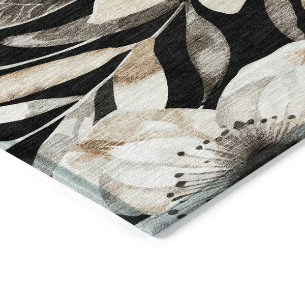 HomeRoots 8' X 10' Washable Black, Ivory & Gold Floral Area Rug - Perfect for Indoor/Outdoor Elegance & Durability 640813