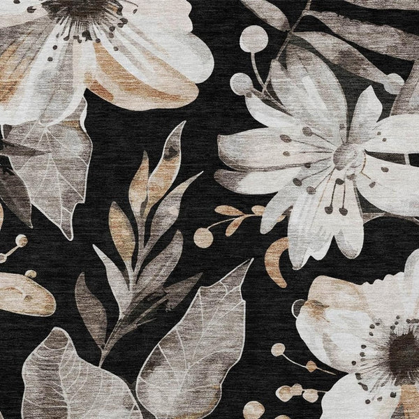 HomeRoots 8' X 10' Washable Black, Ivory & Gold Floral Area Rug - Perfect for Indoor/Outdoor Elegance & Durability 640813