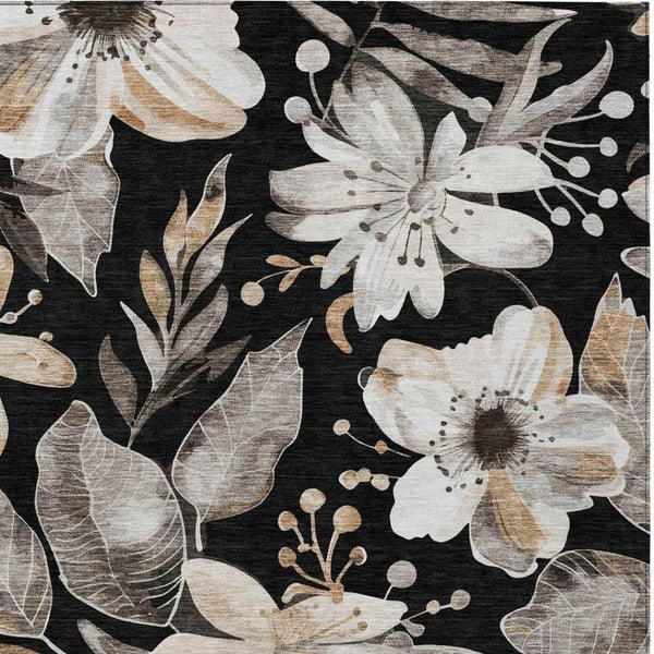 HomeRoots 9' Timeless Black Ivory Gold Floral Machine Washable Area Rug for Indoor & Outdoor Elegance 640814