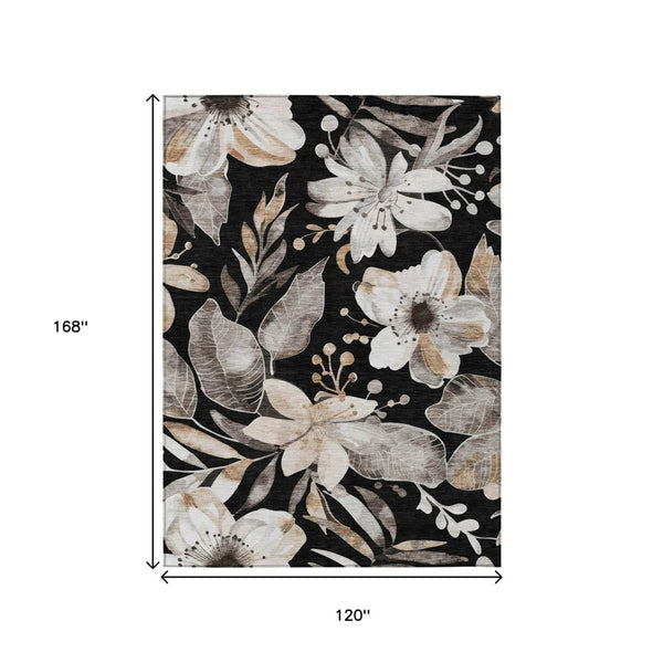 HomeRoots 10' Black Ivory Gold Floral Washable Area Rug - Durable, Stain-Resistant Design for Indoor & Outdoor Use 640815