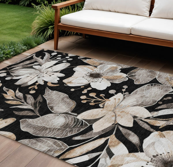 HomeRoots 10' Black Ivory Gold Floral Washable Area Rug - Durable, Stain-Resistant Design for Indoor & Outdoor Use 640815