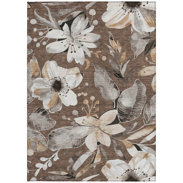 HomeRoots 5' X 8' Floral Washable Area Rug in Chocolate Ivory Wheat - Indoor/Outdoor Durable Design, Easy Care 640817