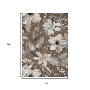 HomeRoots 5' X 8' Floral Washable Area Rug in Chocolate Ivory Wheat - Indoor/Outdoor Durable Design, Easy Care 640817