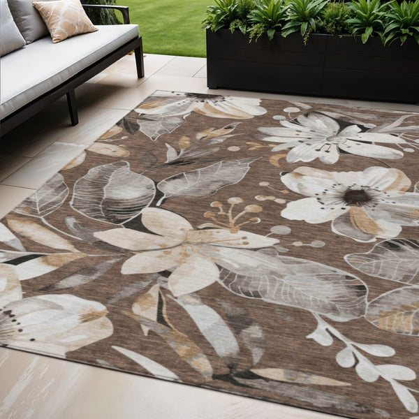 HomeRoots 5' X 8' Floral Washable Area Rug in Chocolate Ivory Wheat - Indoor/Outdoor Durable Design, Easy Care 640817