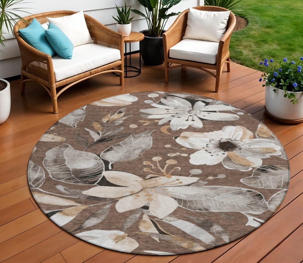 HomeRoots 8' Round Floral Washable Area Rug in Chocolate, Ivory & Wheat - Perfect for Indoor & Outdoor Use! 640818