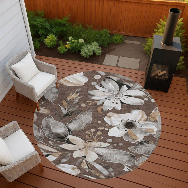 HomeRoots 8' Round Floral Washable Area Rug in Chocolate, Ivory & Wheat - Perfect for Indoor & Outdoor Use! 640818