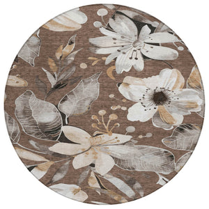 HomeRoots 8' Round Floral Washable Area Rug in Chocolate, Ivory & Wheat - Perfect for Indoor & Outdoor Use! 640818