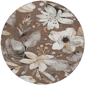 HomeRoots 8' Round Floral Washable Area Rug in Chocolate, Ivory & Wheat - Perfect for Indoor & Outdoor Use! 640818