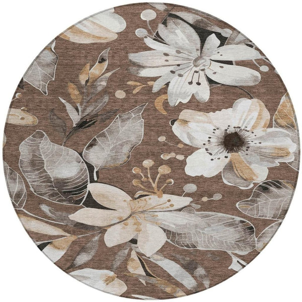 HomeRoots 8' Round Floral Washable Area Rug in Chocolate, Ivory & Wheat - Perfect for Indoor & Outdoor Use! 640818
