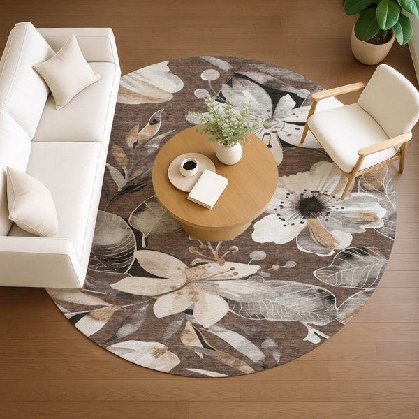HomeRoots 8' Round Floral Washable Area Rug in Chocolate, Ivory & Wheat - Perfect for Indoor & Outdoor Use! 640818